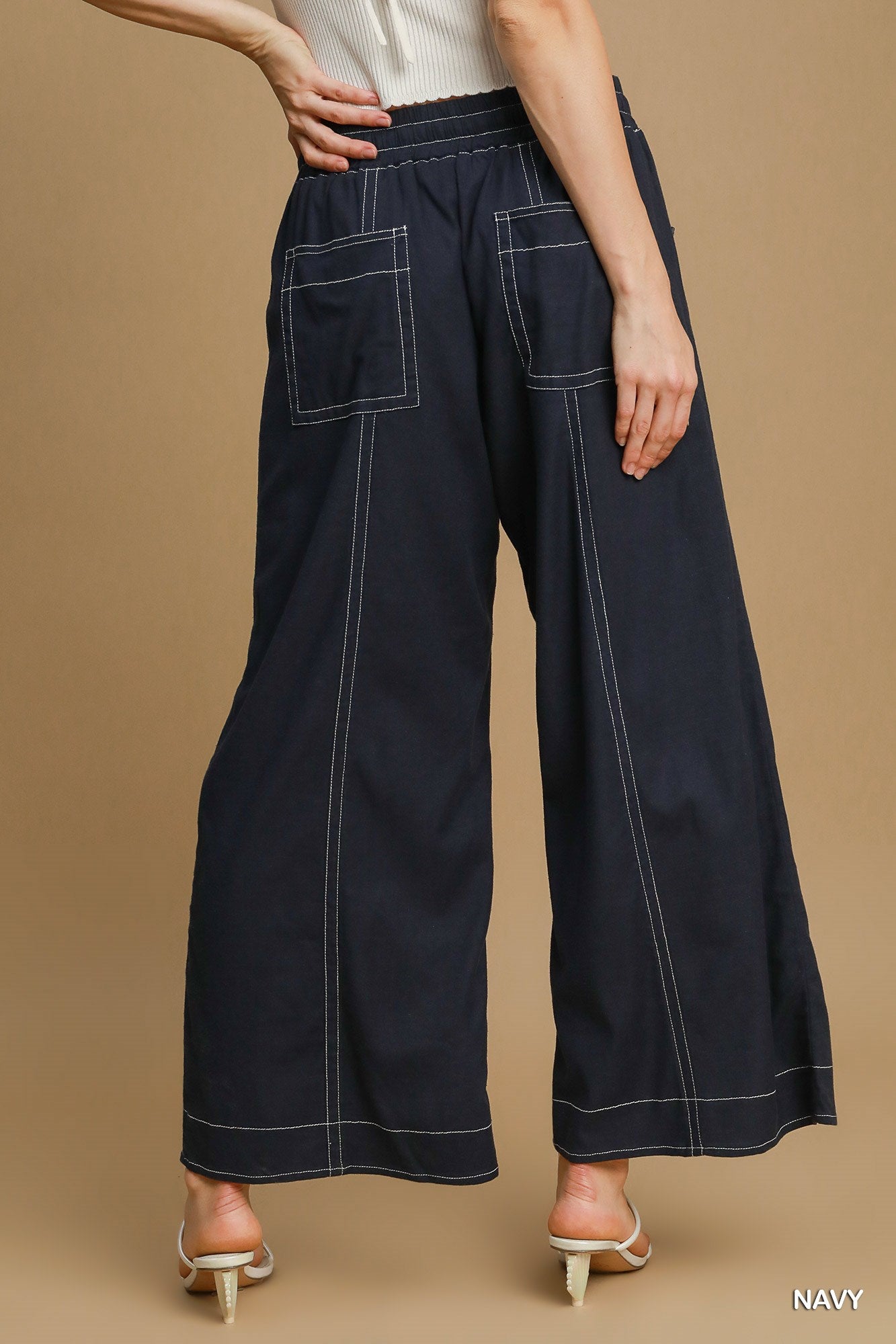 Wide Leg Soft Linen Pull On Pants in Navy Simmer & Fay   