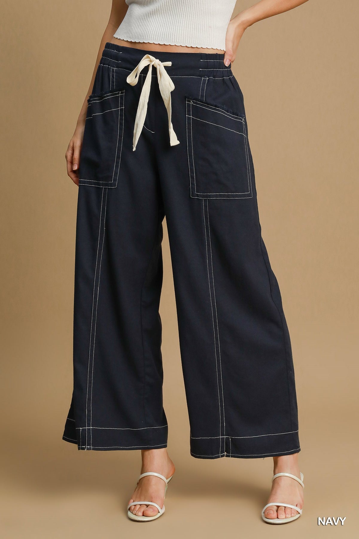 Wide Leg Soft Linen Pull On Pants in Navy Simmer & Fay   