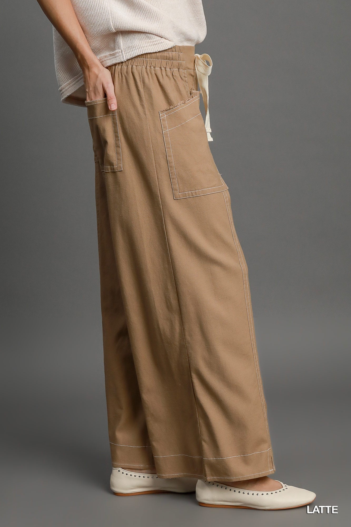 Wide Leg Soft Linen Pull On Pants in Latte Simmer & Fay   