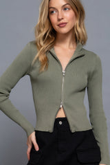 Olive Long Sleeve 2 Way Open Zipper Sweater Simmer & Fay   