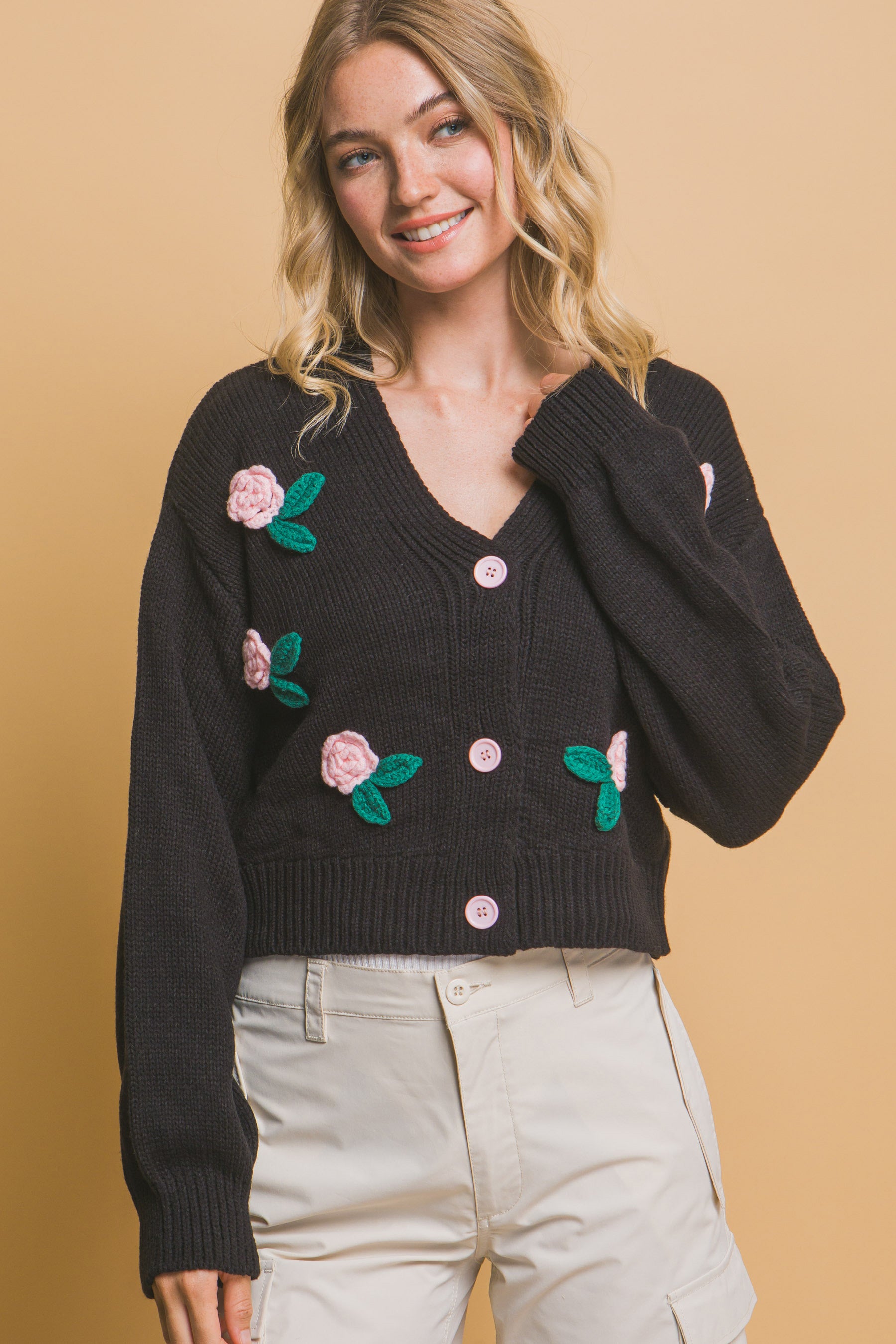 Black Mid Cropped Flower Detailed Cardigan Simmer & Fay   