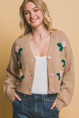 Khaki Mid Cropped Flower Detailed Cardigan Simmer & Fay   