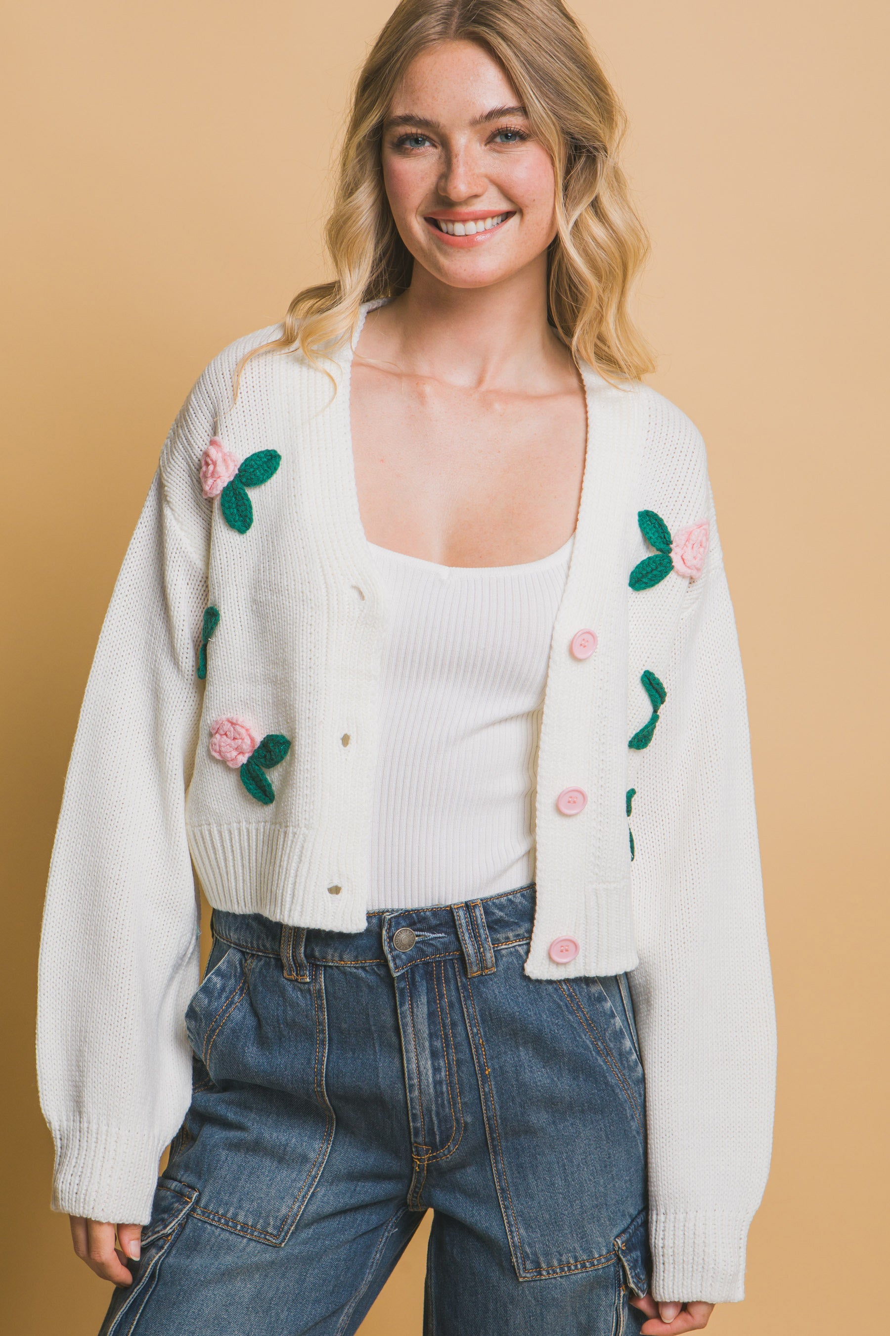 Off White Mid Cropped Flower Detailed Cardigan Simmer & Fay   