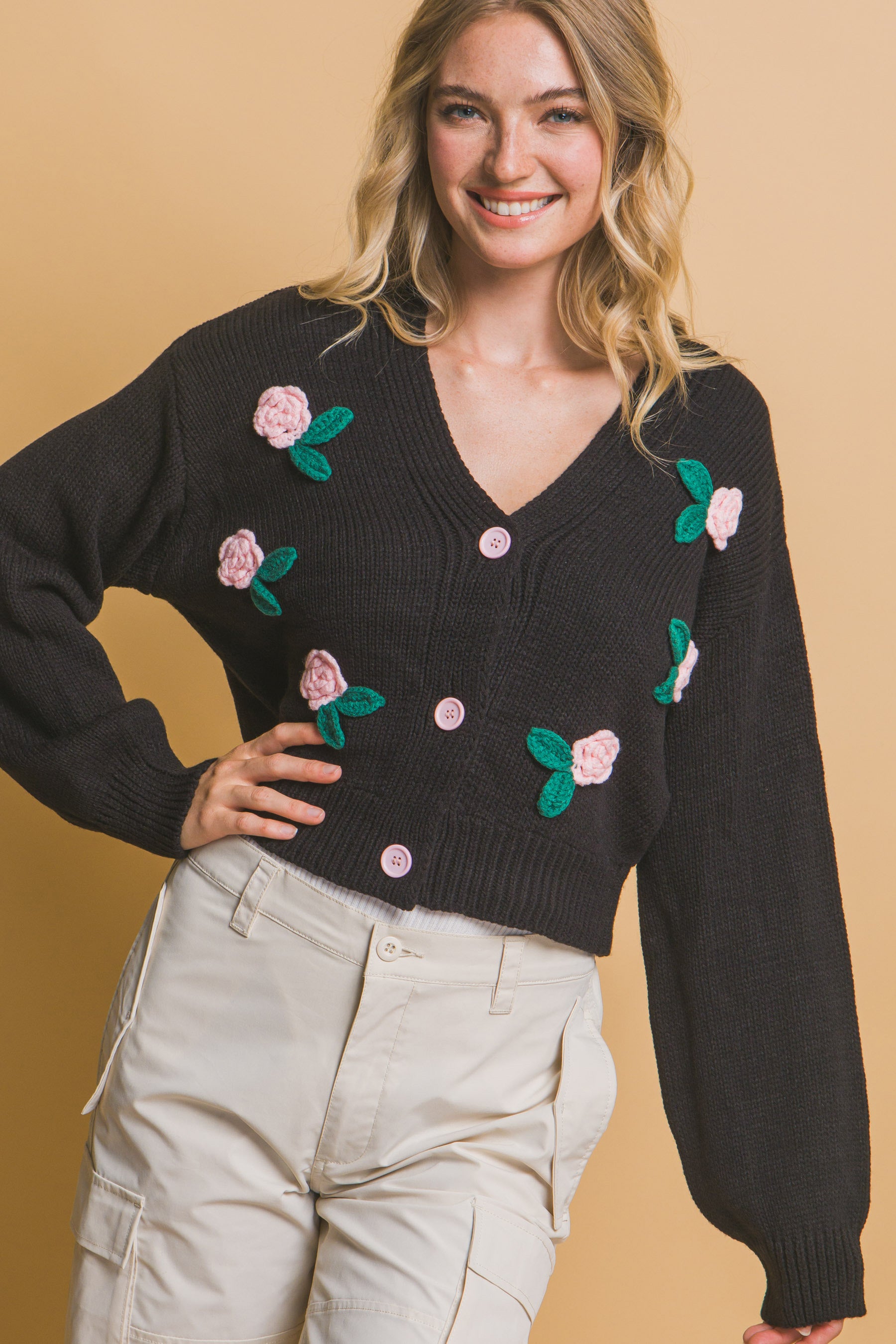 Black Mid Cropped Flower Detailed Cardigan Simmer & Fay   