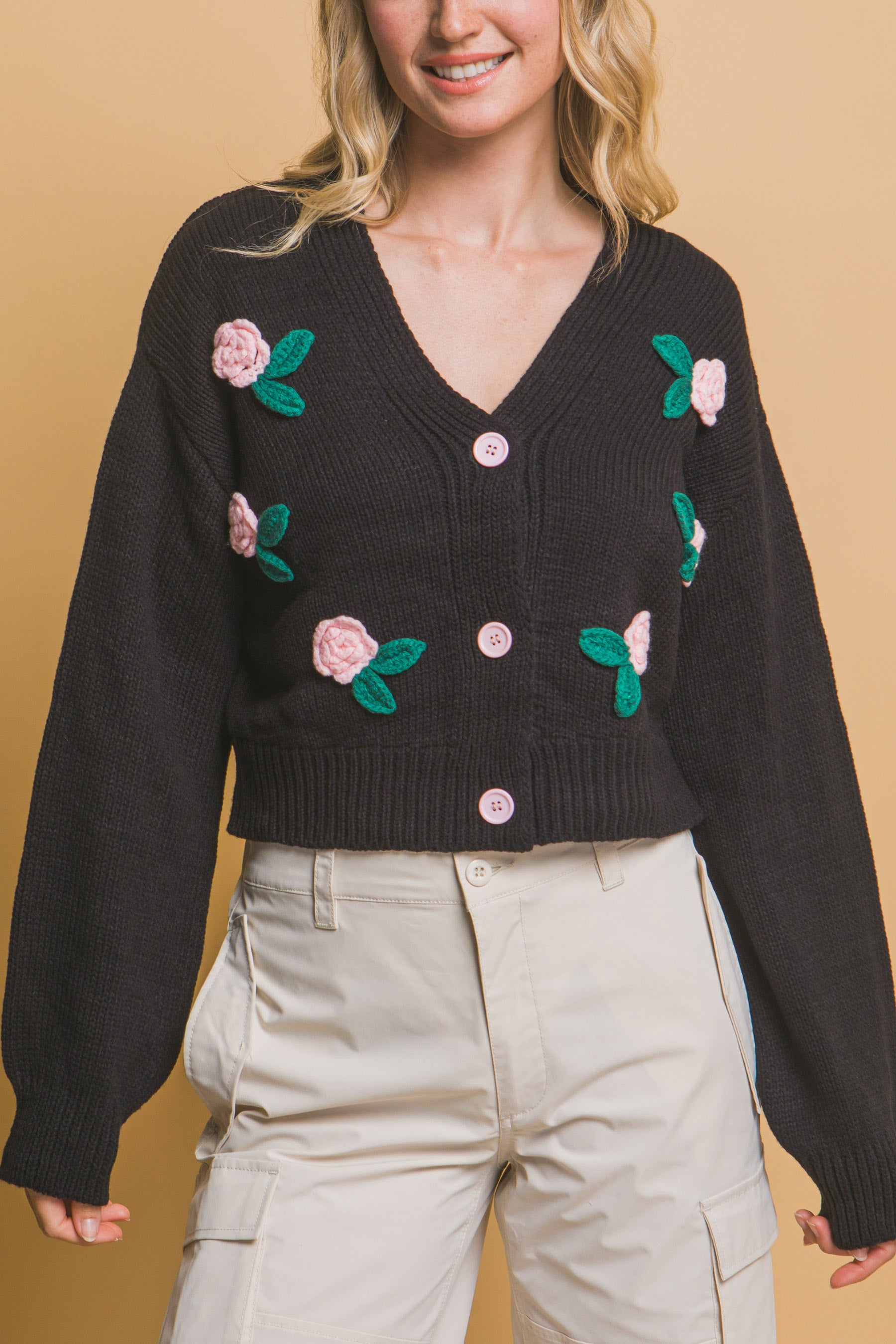 Black Mid Cropped Flower Detailed Cardigan Simmer & Fay   