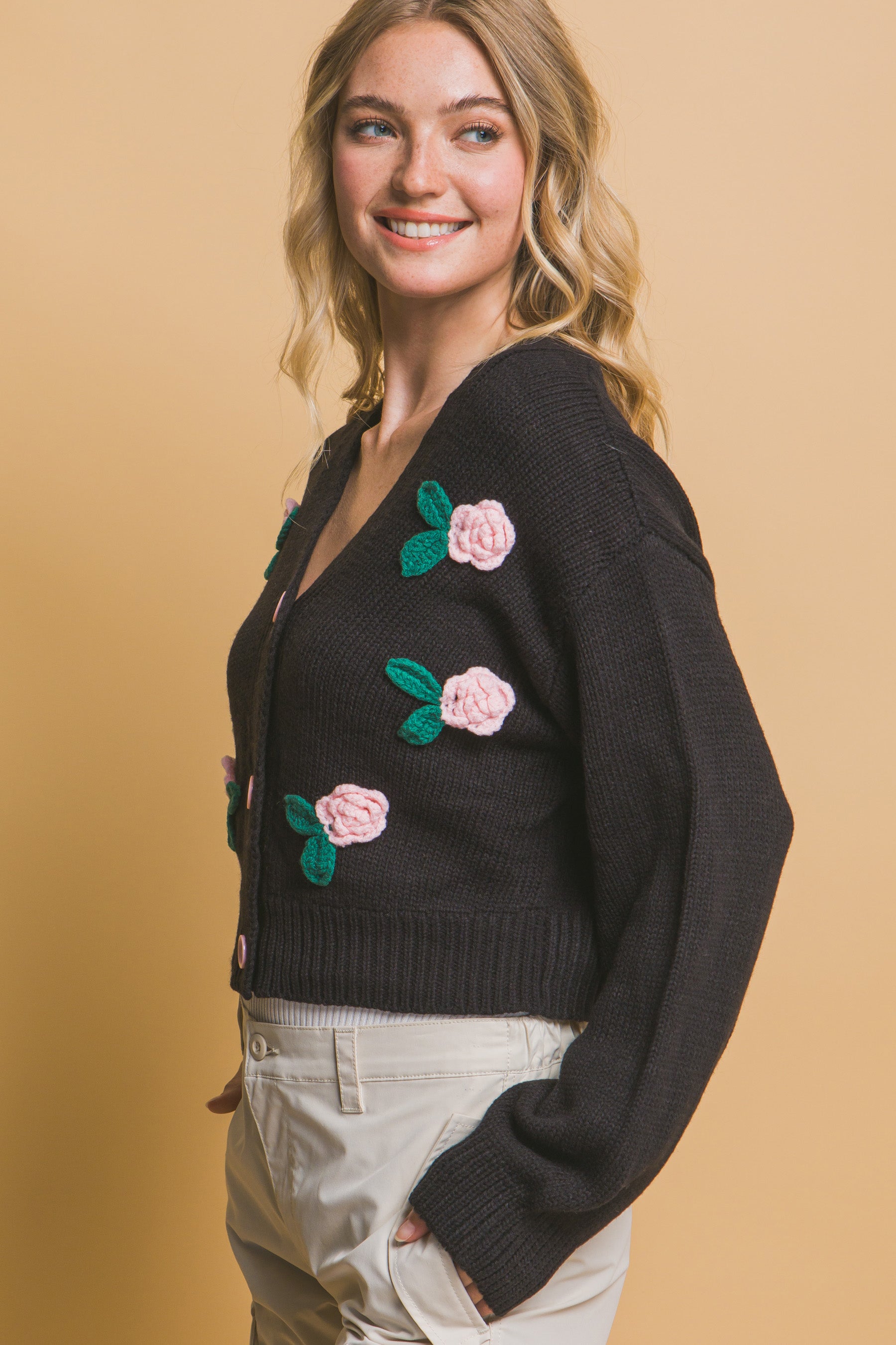 Black Mid Cropped Flower Detailed Cardigan Simmer & Fay   