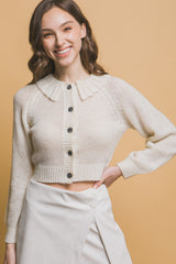 Off White Cropped Button Knit Sweater with Peter Pan Collar Simmer & Fay   