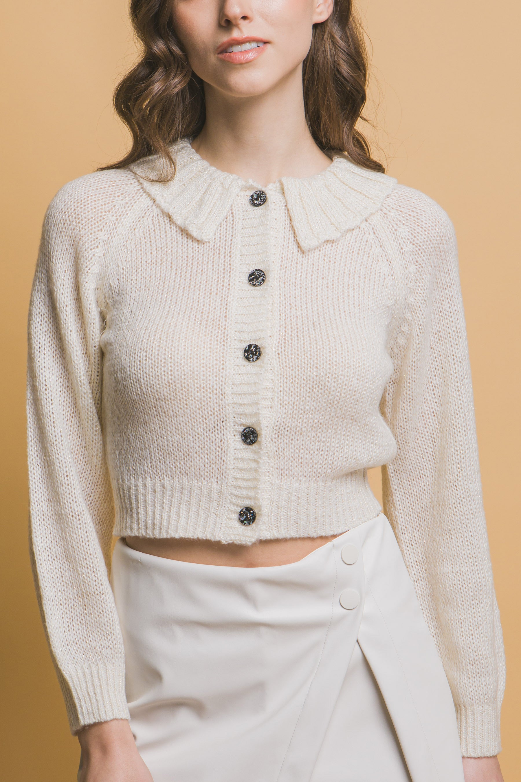 Off White Cropped Button Knit Sweater with Peter Pan Collar Simmer & Fay   