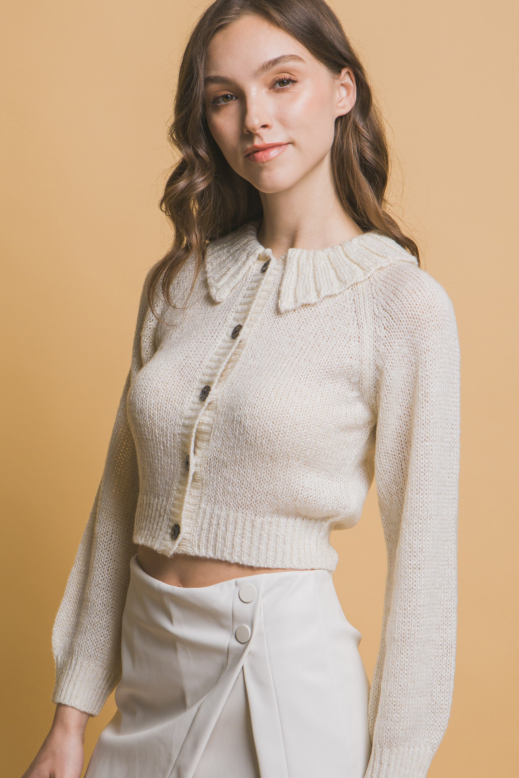 Off White Cropped Button Knit Sweater with Peter Pan Collar Simmer & Fay   