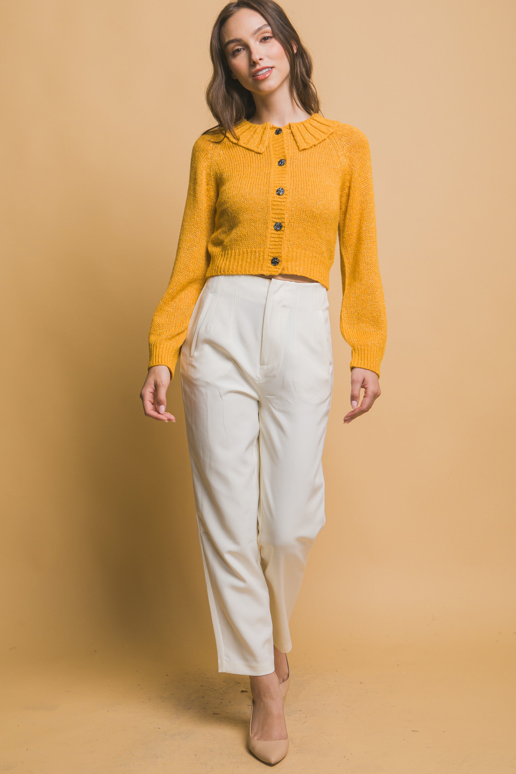 Yellow Cropped Button Knit Sweater with Peter Pan Collar Simmer & Fay   