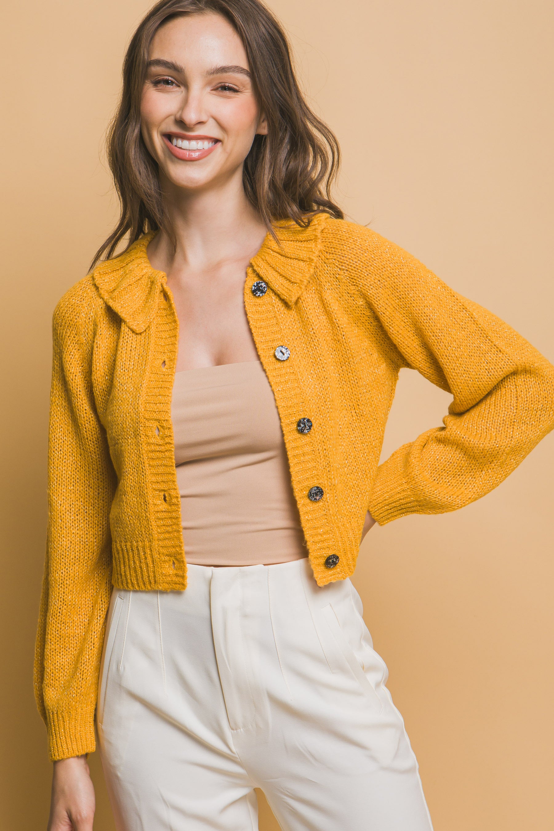 Yellow Cropped Button Knit Sweater with Peter Pan Collar Simmer & Fay   