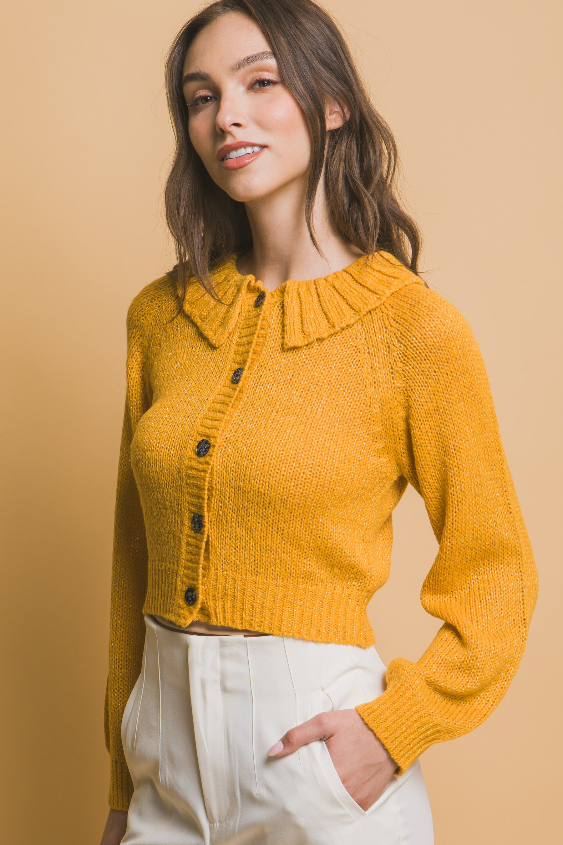 Yellow Cropped Button Knit Sweater with Peter Pan Collar Simmer & Fay   