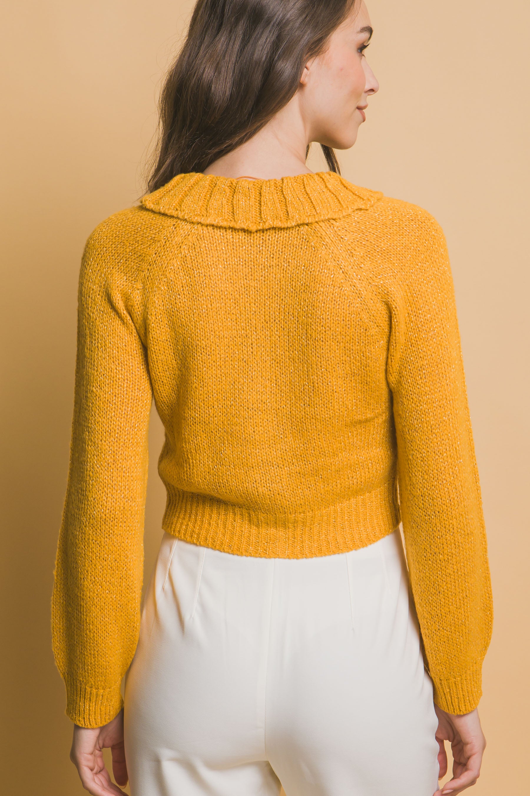 Yellow Cropped Button Knit Sweater with Peter Pan Collar Simmer & Fay   