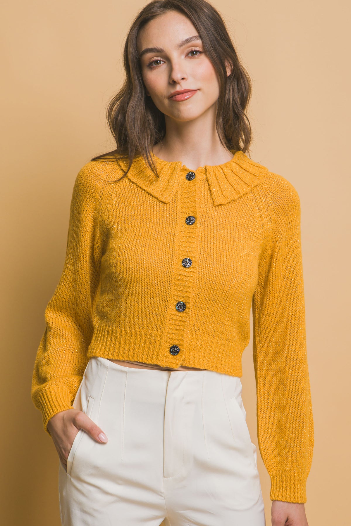 Yellow Cropped Button Knit Sweater with Peter Pan Collar Simmer & Fay   