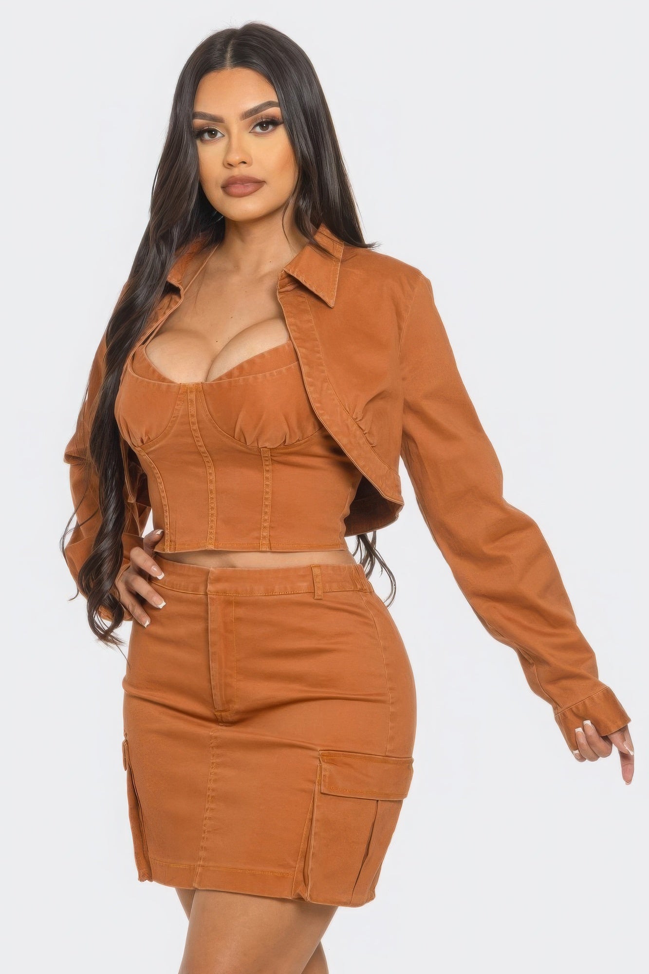 Copper Brown 3-Piece Set - Crop Top, Mini Skirt & Cargo Crop Jacket Simmer & Fay   