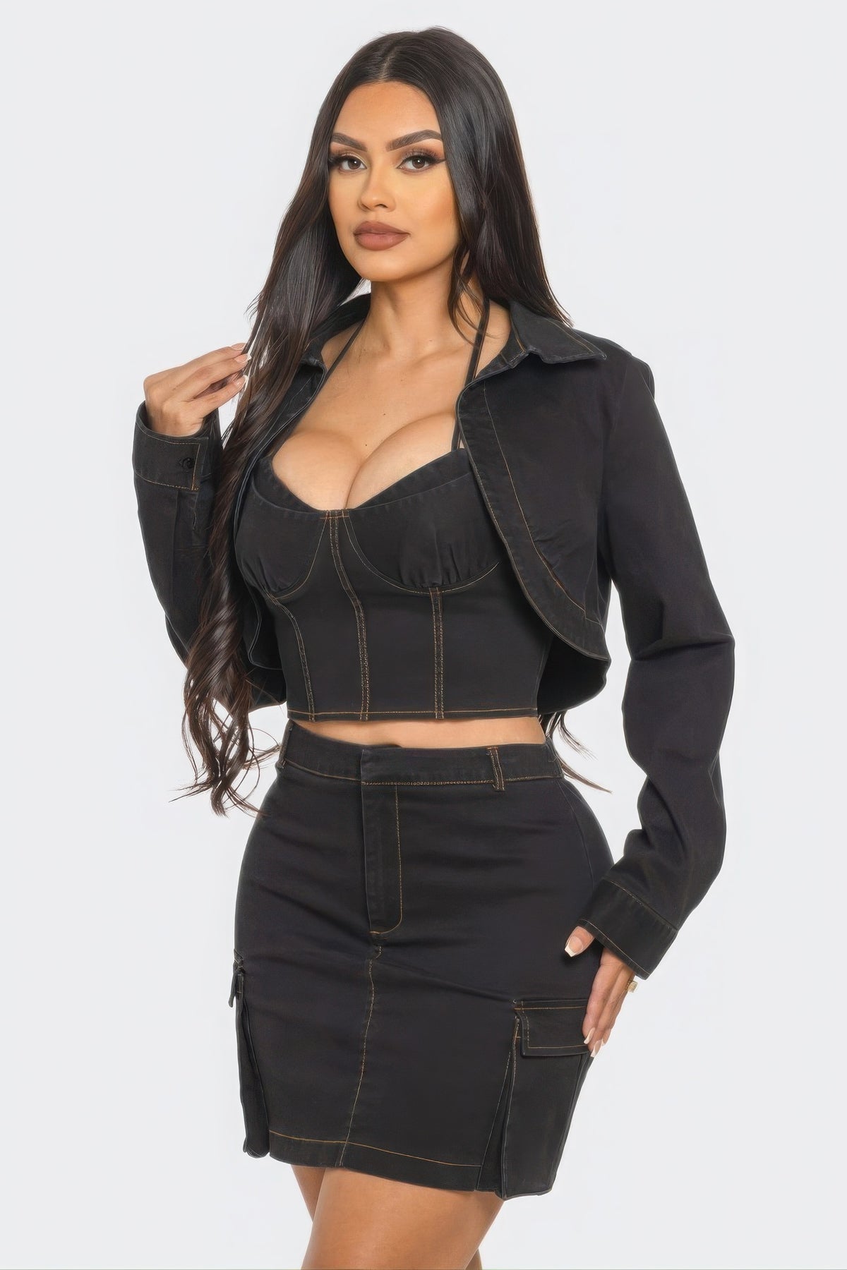 Black 3-Piece Set - Crop Top, Mini Skirt & Cargo Crop Jacket Simmer & Fay   