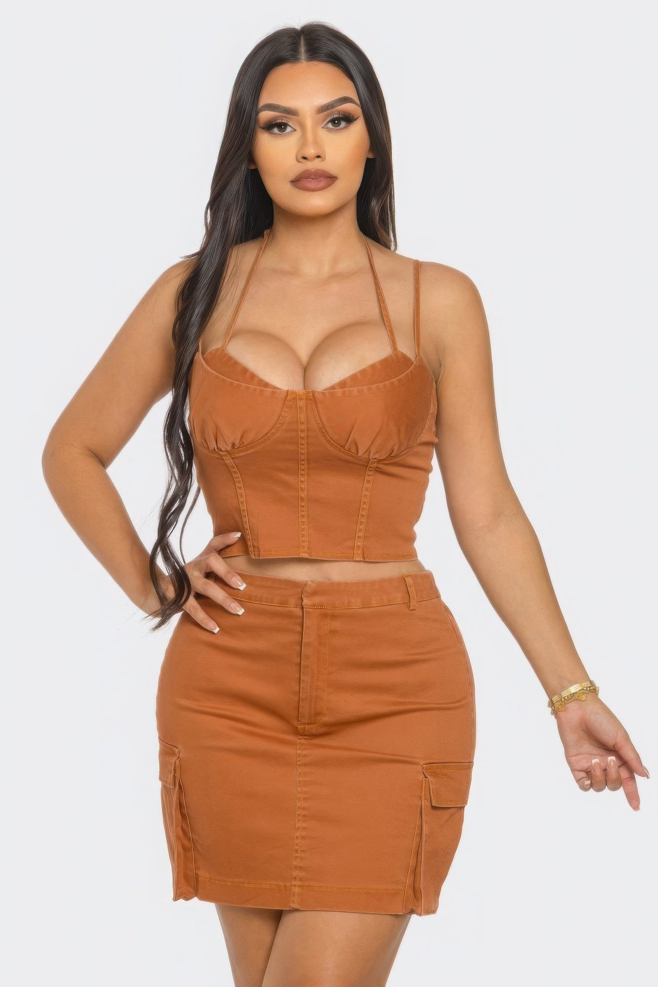 Copper Brown 3-Piece Set - Crop Top, Mini Skirt & Cargo Crop Jacket Simmer & Fay   