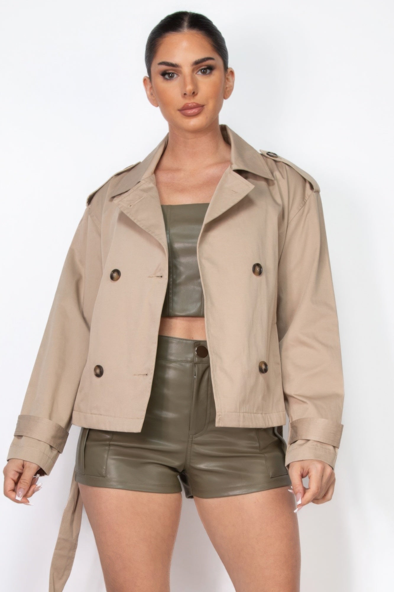 Double-breasted Cropped Waist-tie Khaki Trench Coat Simmer & Fay   