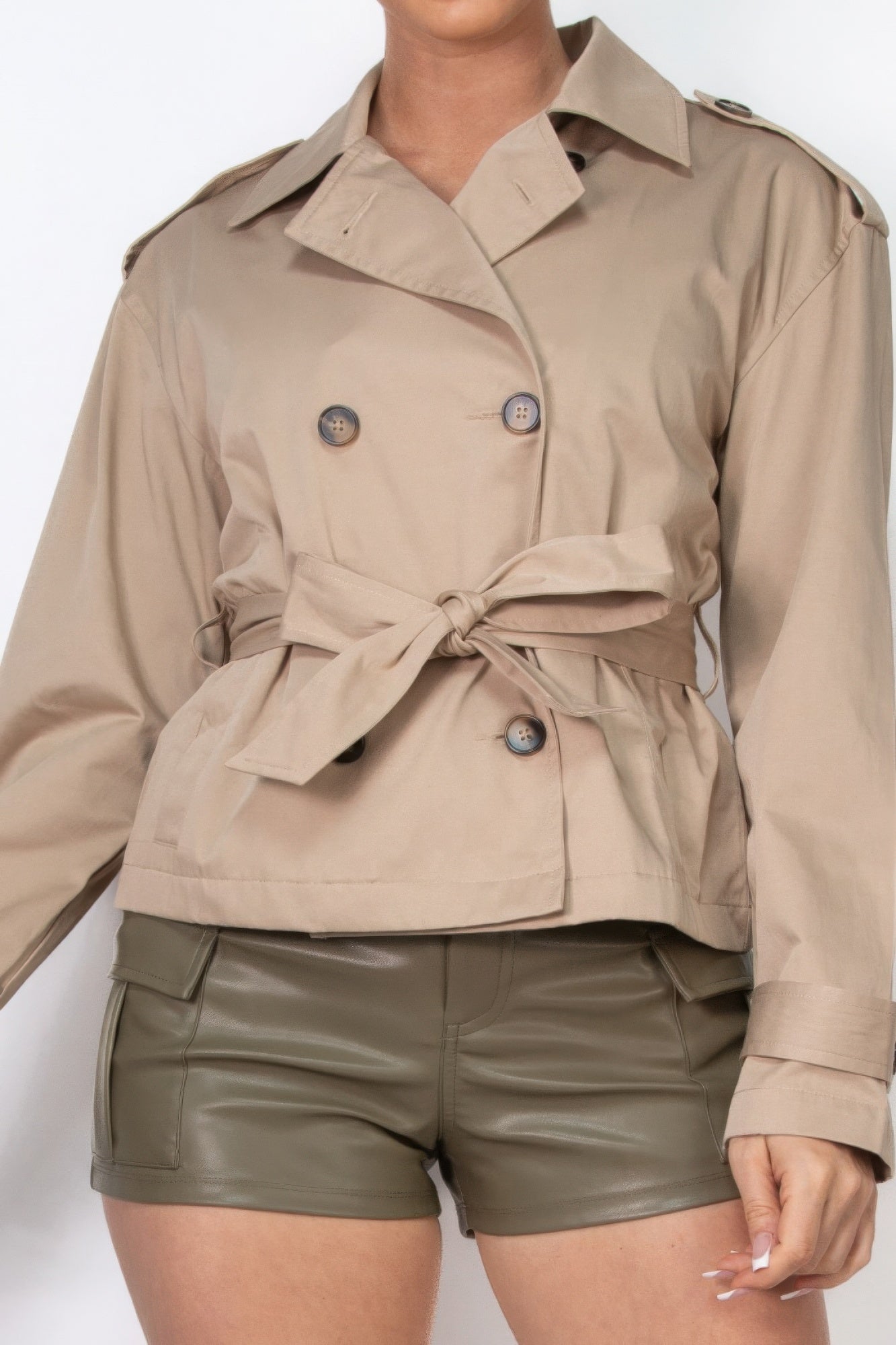 Double-breasted Cropped Waist-tie Khaki Trench Coat Simmer & Fay   