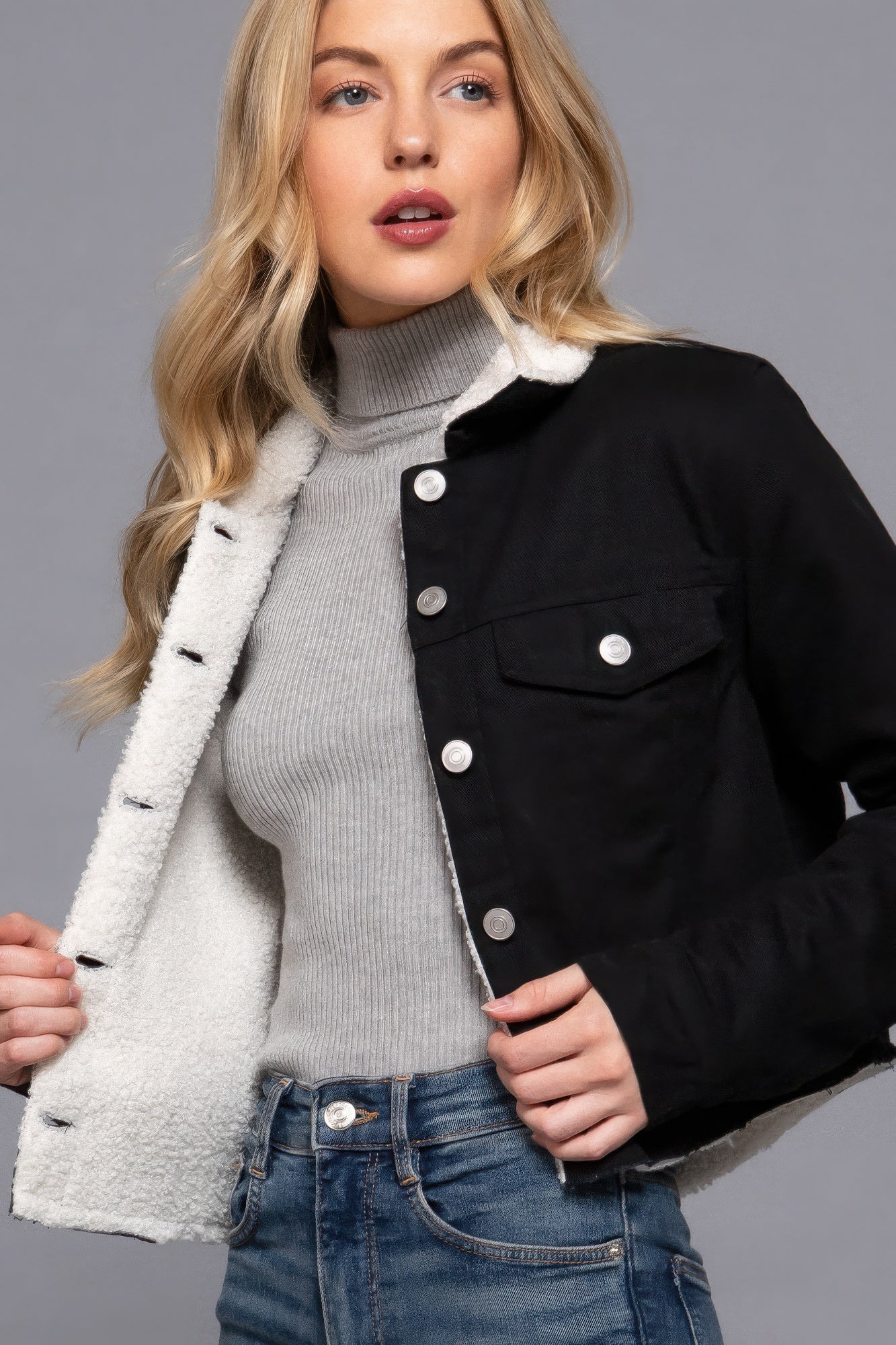 Button Closure Sherpa-lined Twill Black Jacket Simmer & Fay   