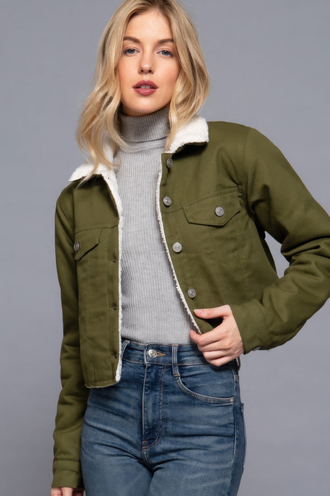 Button Closure Sherpa-lined Twill Green Jacket Simmer & Fay   