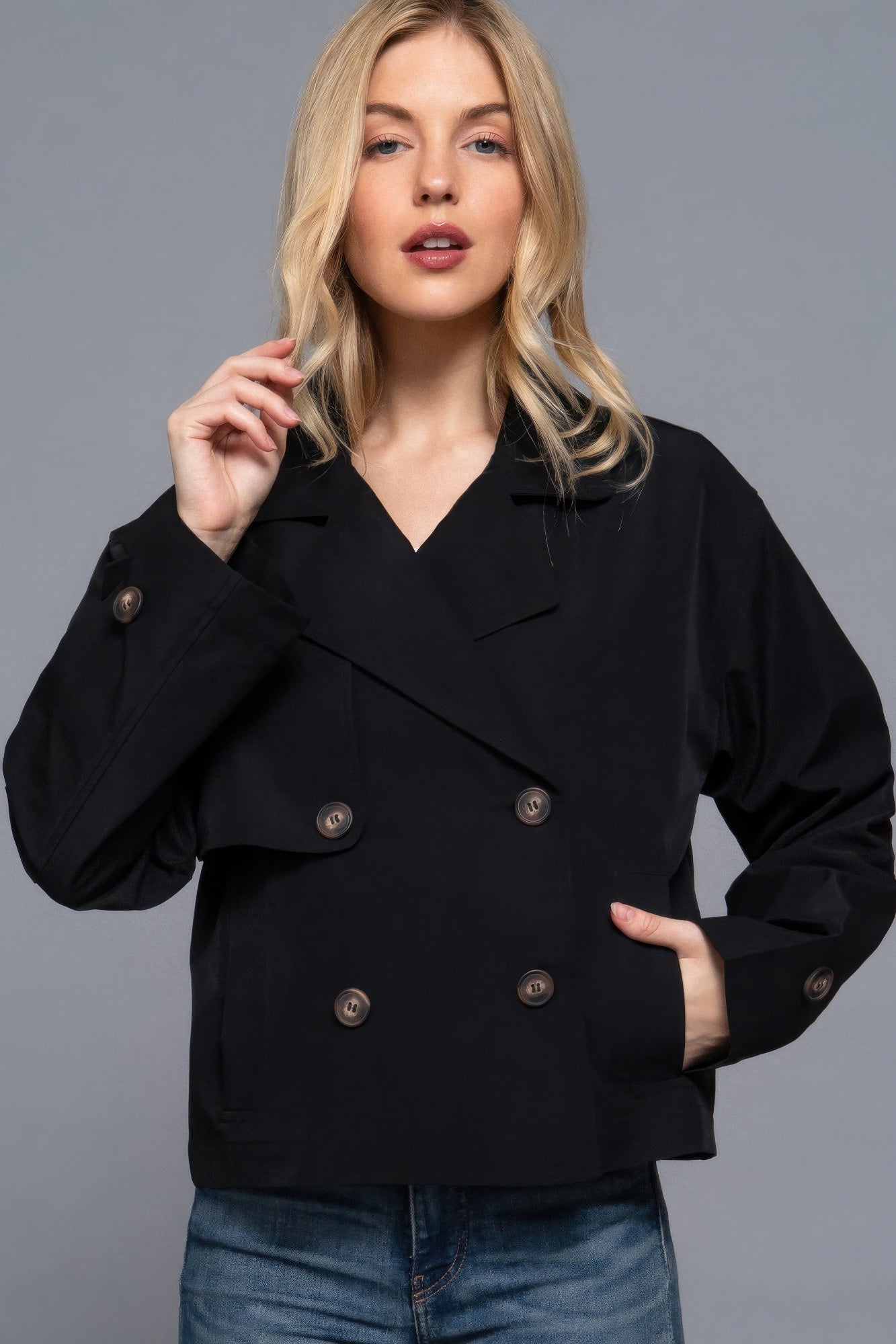 Black Double Breasted Short Trench Jacket Simmer & Fay   