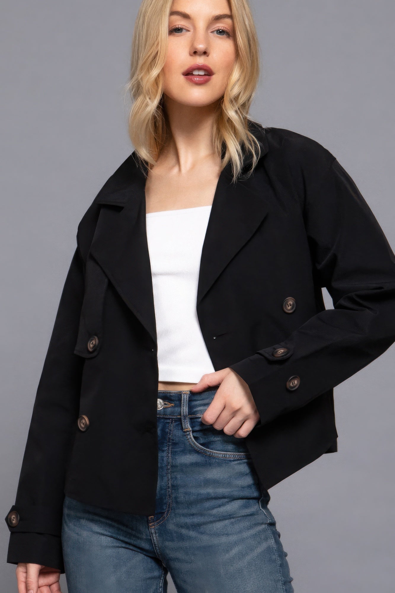 Black Double Breasted Short Trench Jacket Simmer & Fay   