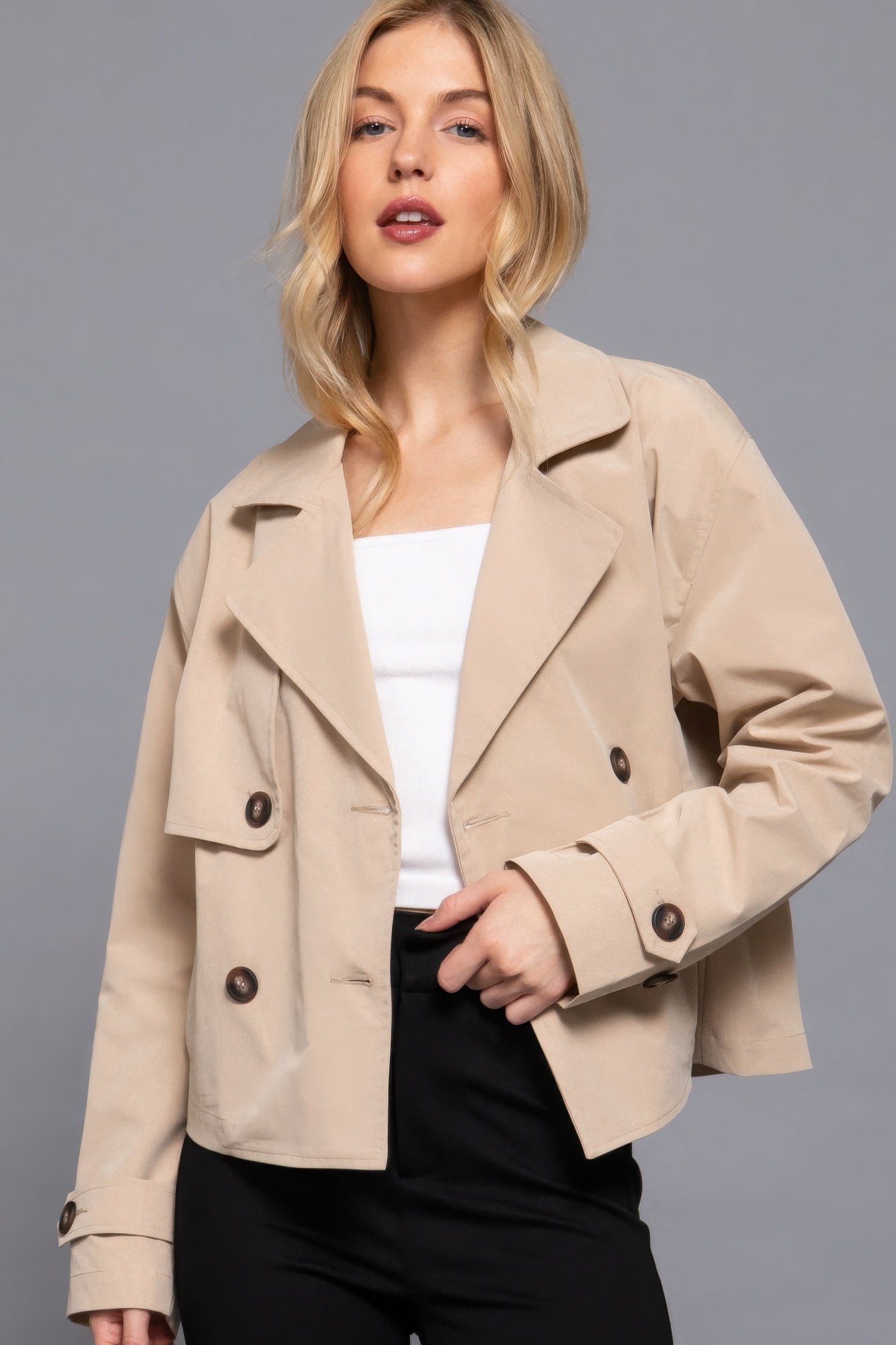 Beige Double Breasted Short Trench Jacket Simmer & Fay   