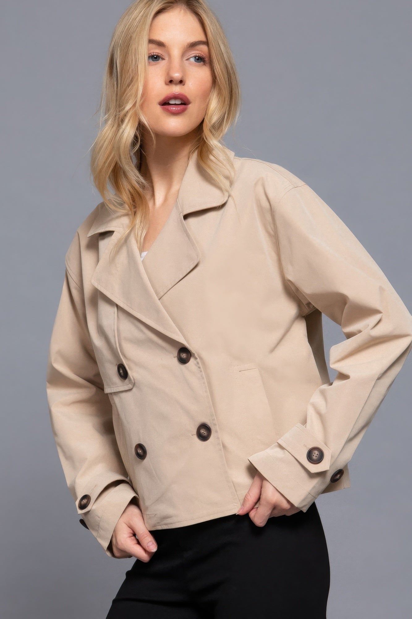 Beige Double Breasted Short Trench Jacket Simmer & Fay   