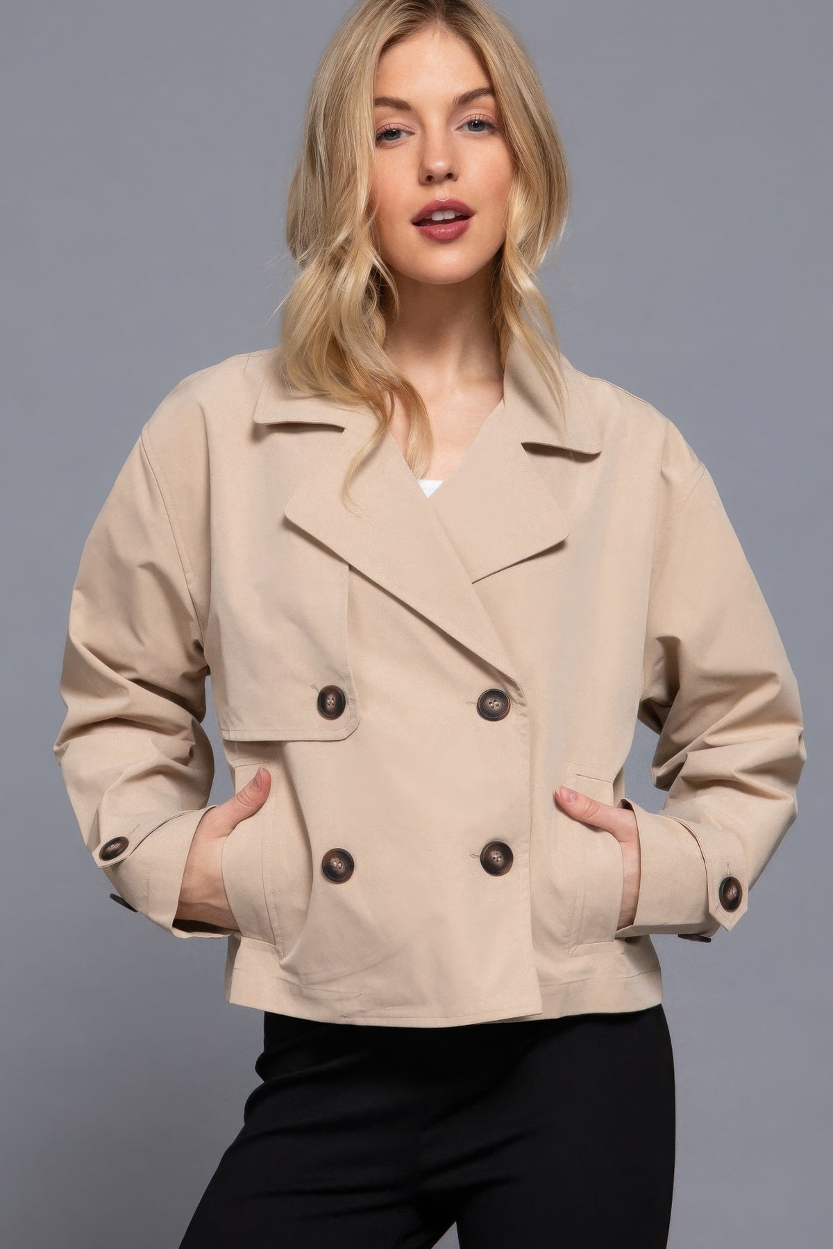 Beige Double Breasted Short Trench Jacket Simmer & Fay   