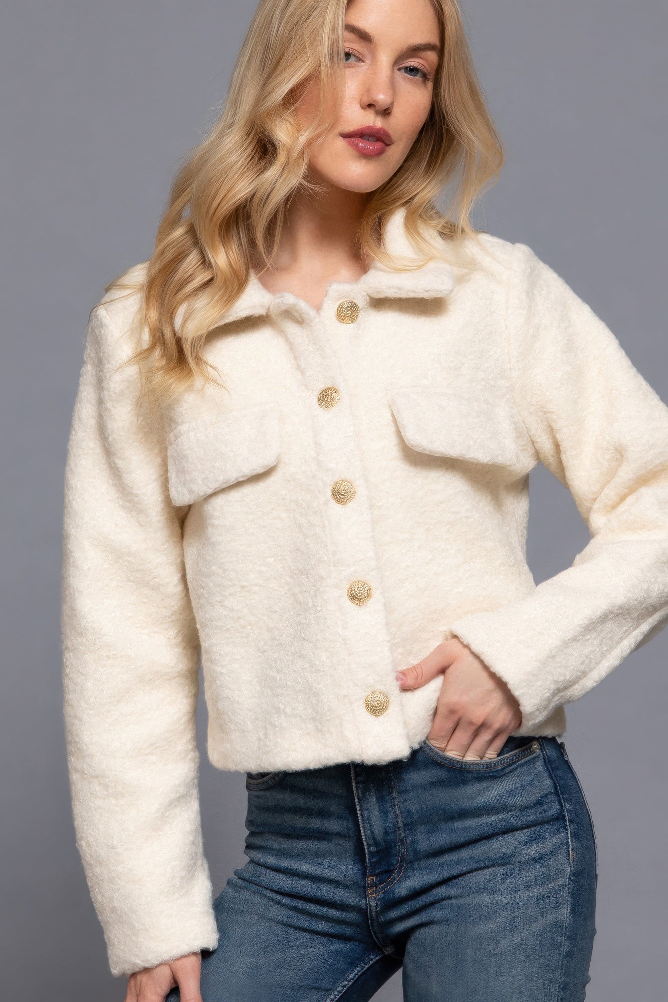 Cream Long Sleeve Teddy Fleece Short Jacket Simmer & Fay   