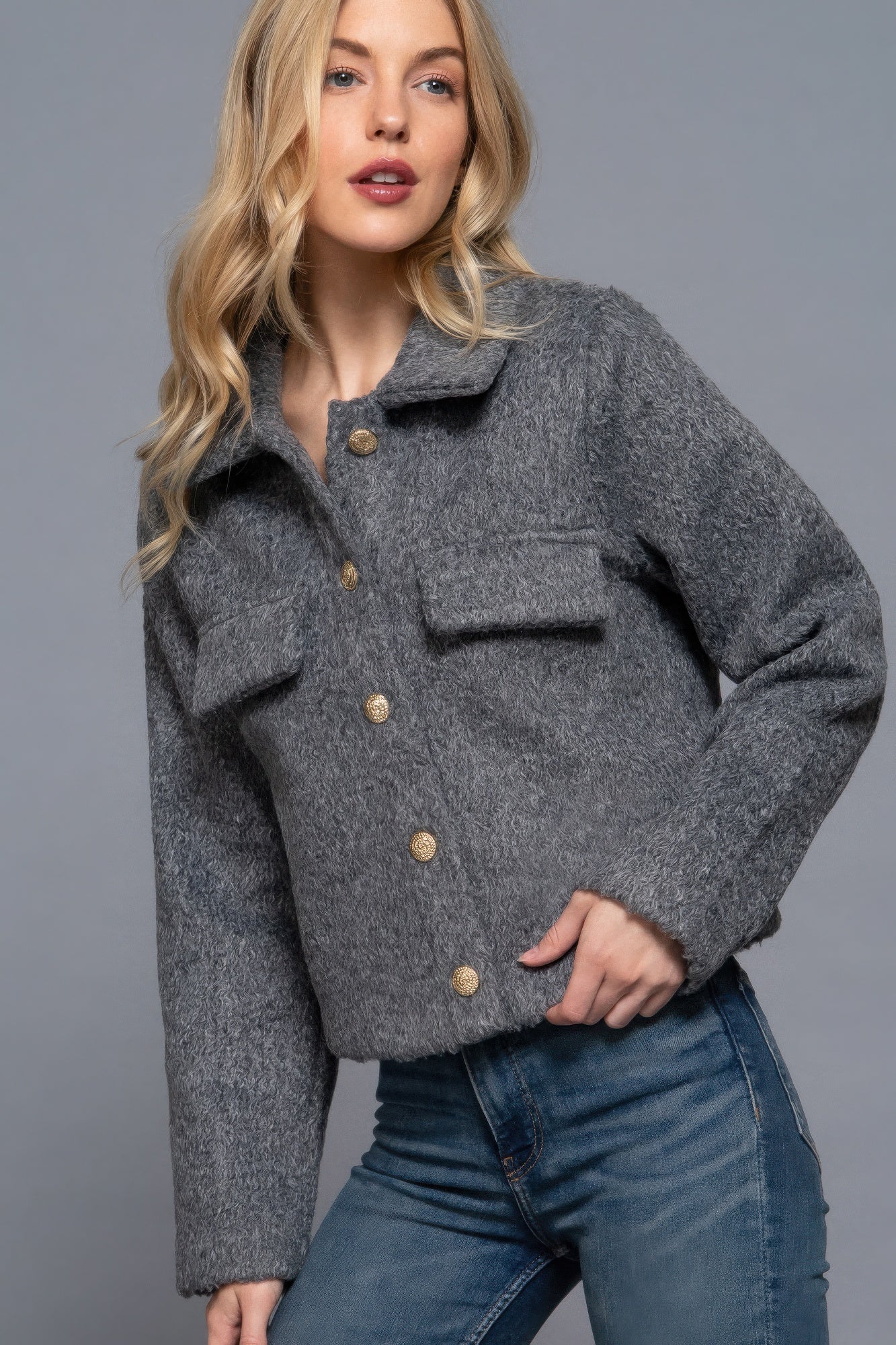 Charcoal Long Sleeve Teddy Fleece Short Jacket Simmer & Fay   