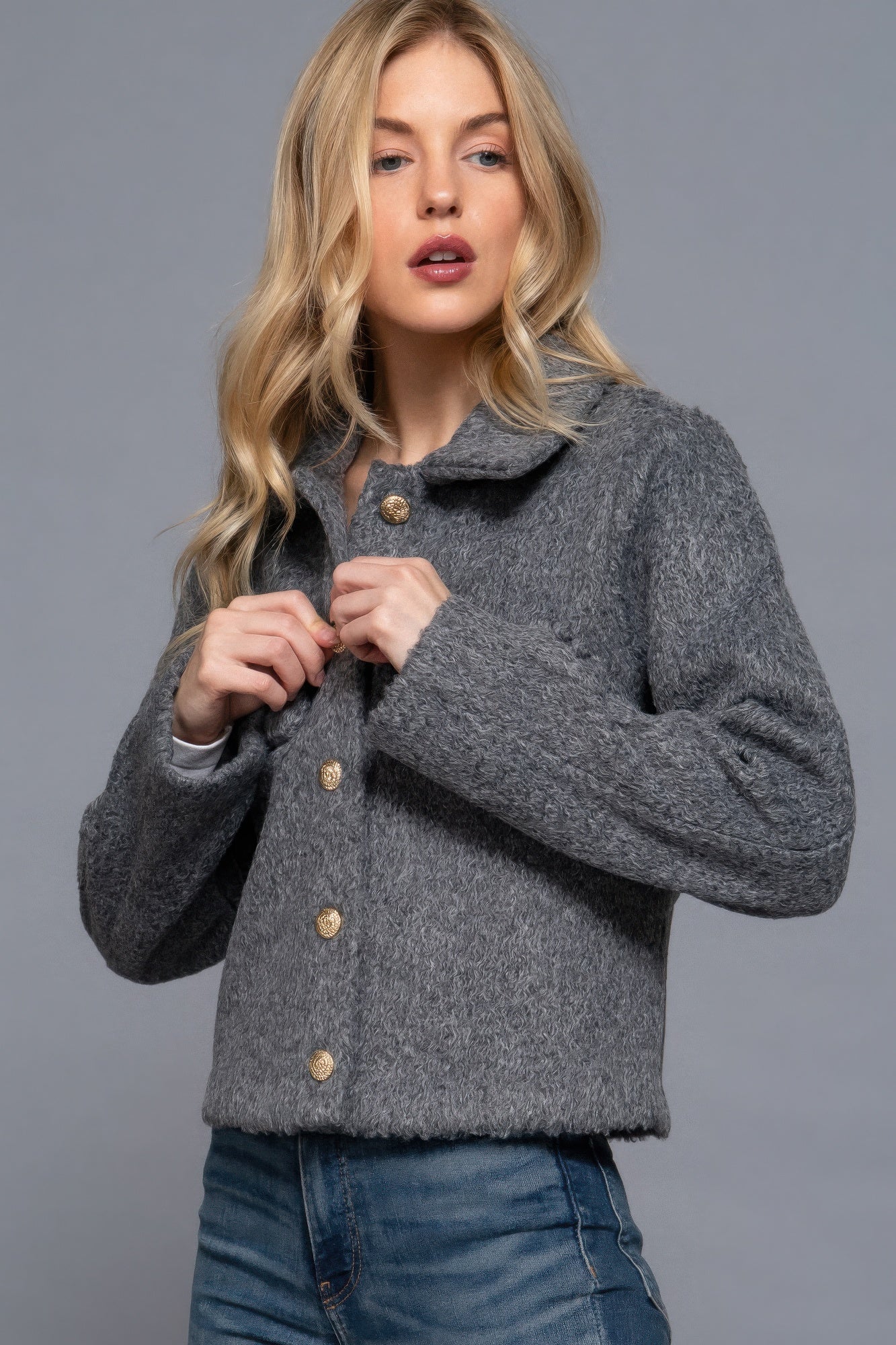 Charcoal Long Sleeve Teddy Fleece Short Jacket Simmer & Fay   