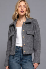 Charcoal Long Sleeve Teddy Fleece Short Jacket Simmer & Fay   