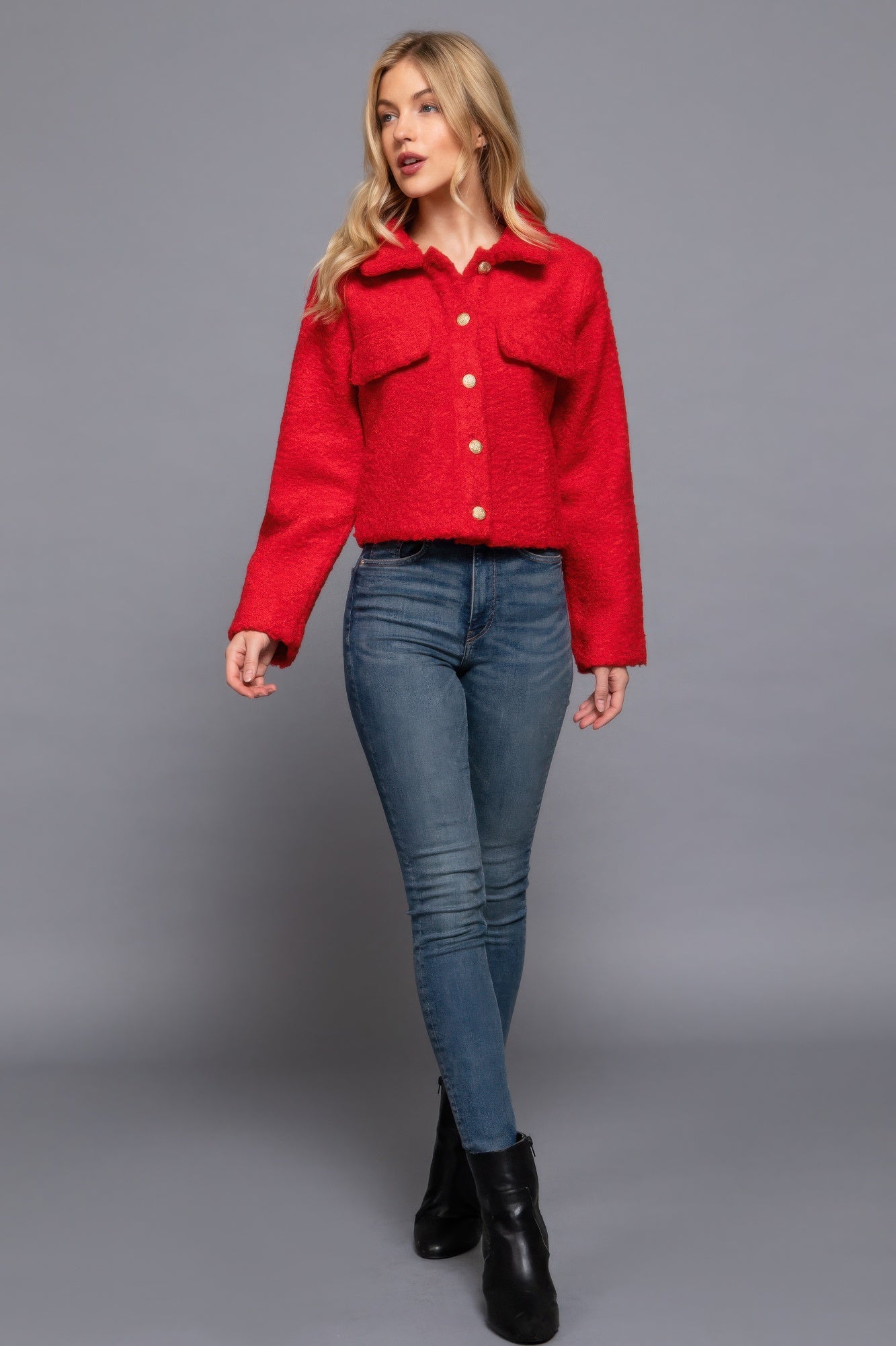 Red Long Sleeve Teddy Fleece Short Jacket Simmer & Fay   