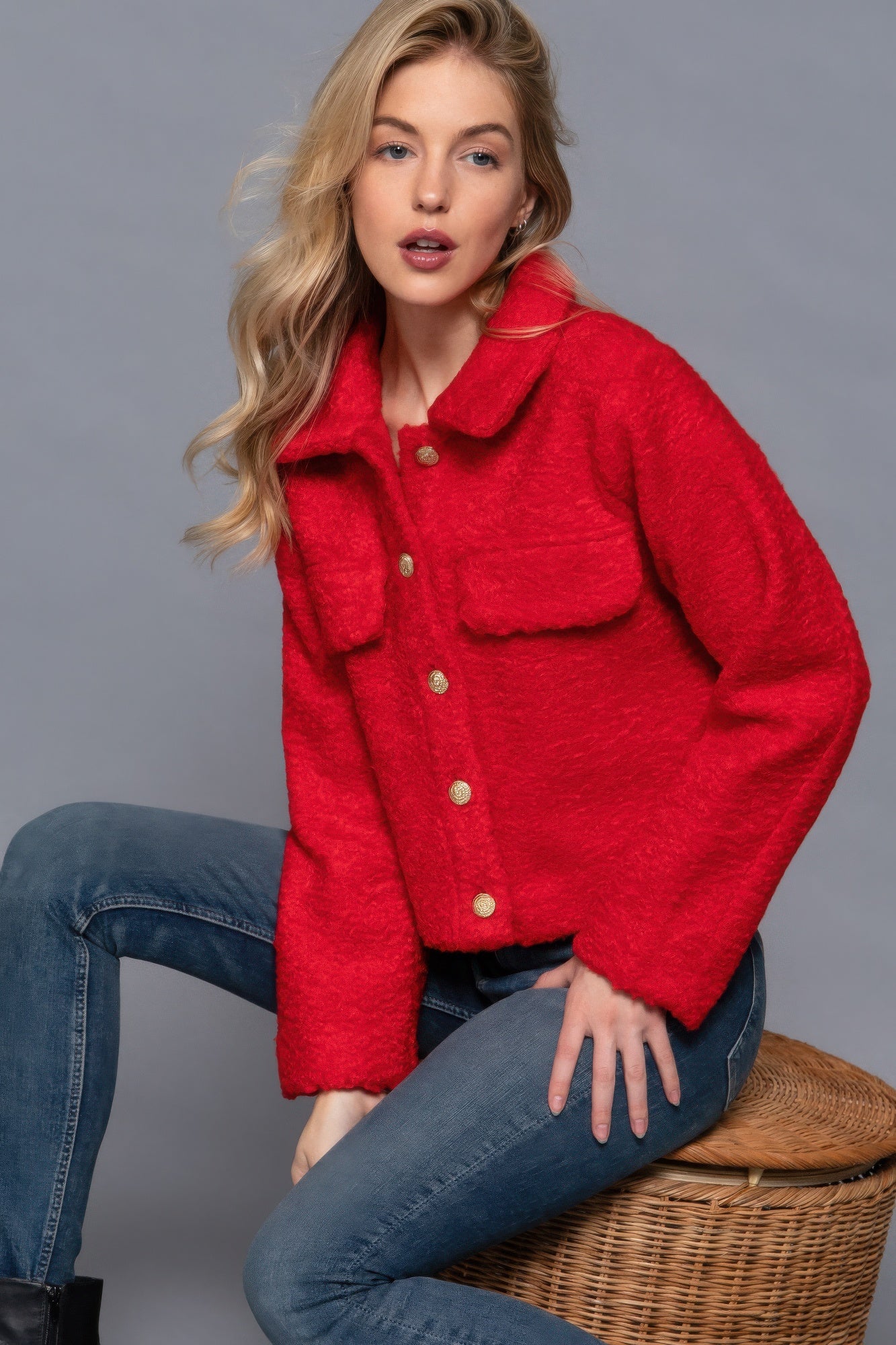 Red Long Sleeve Teddy Fleece Short Jacket Simmer & Fay   