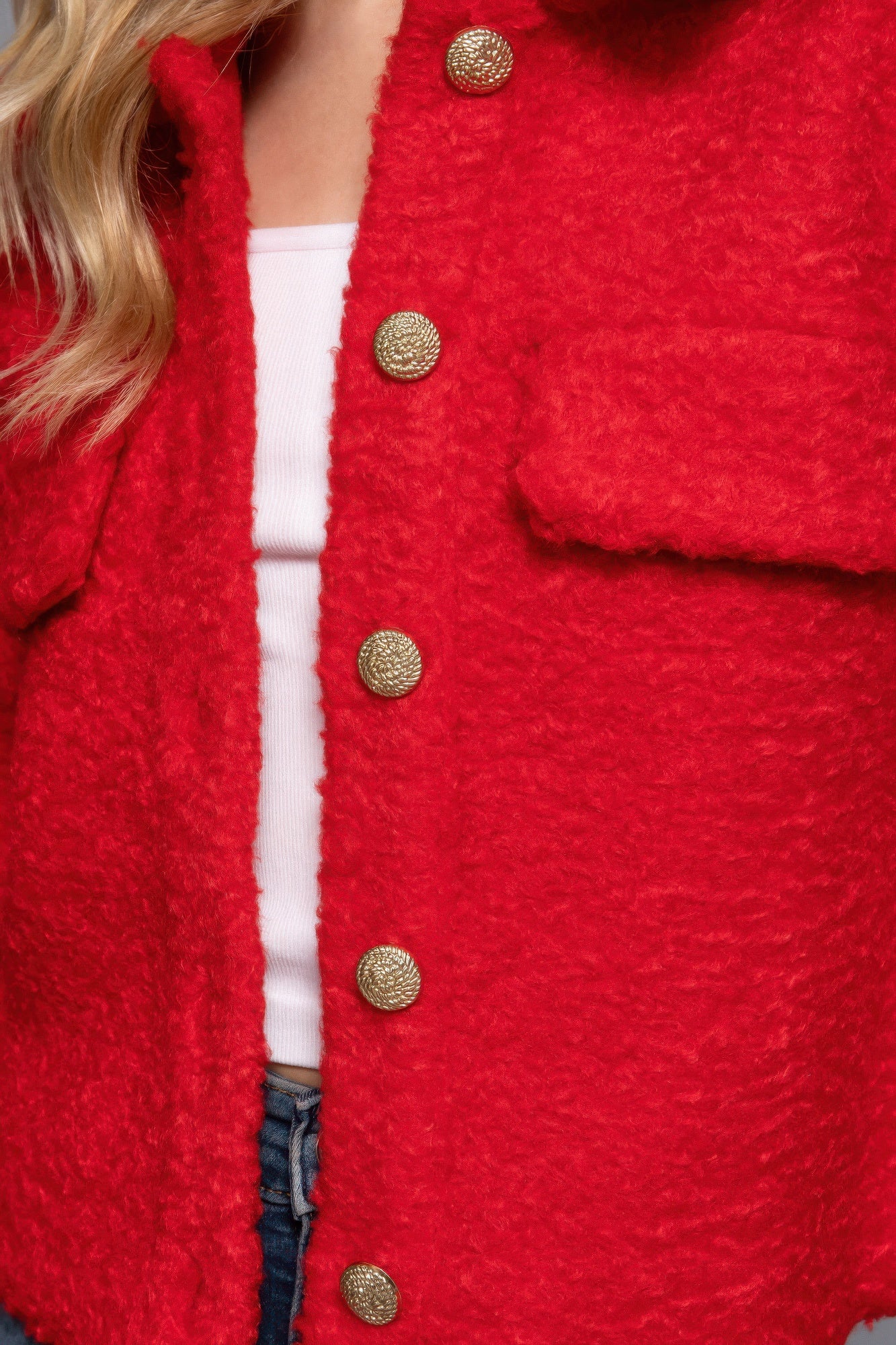 Red Long Sleeve Teddy Fleece Short Jacket Simmer & Fay   