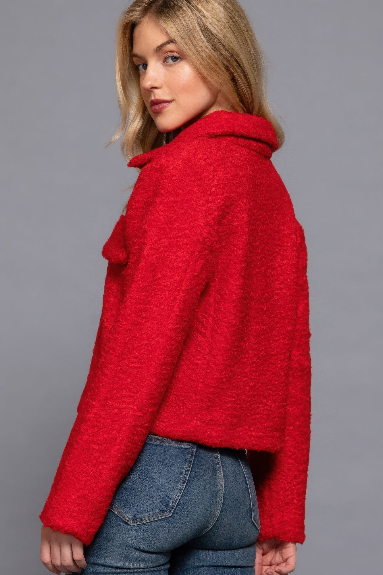 Red Long Sleeve Teddy Fleece Short Jacket Simmer & Fay   