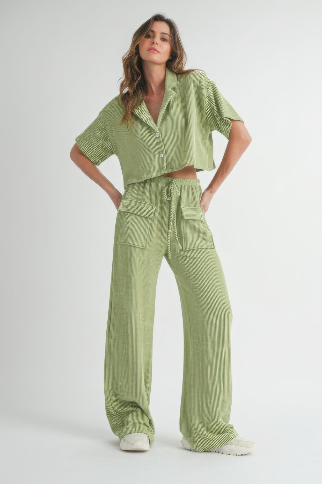 Sage Loungewear Set - Button-Up Crop Top & Wide-Leg Pants Simmer & Fay   