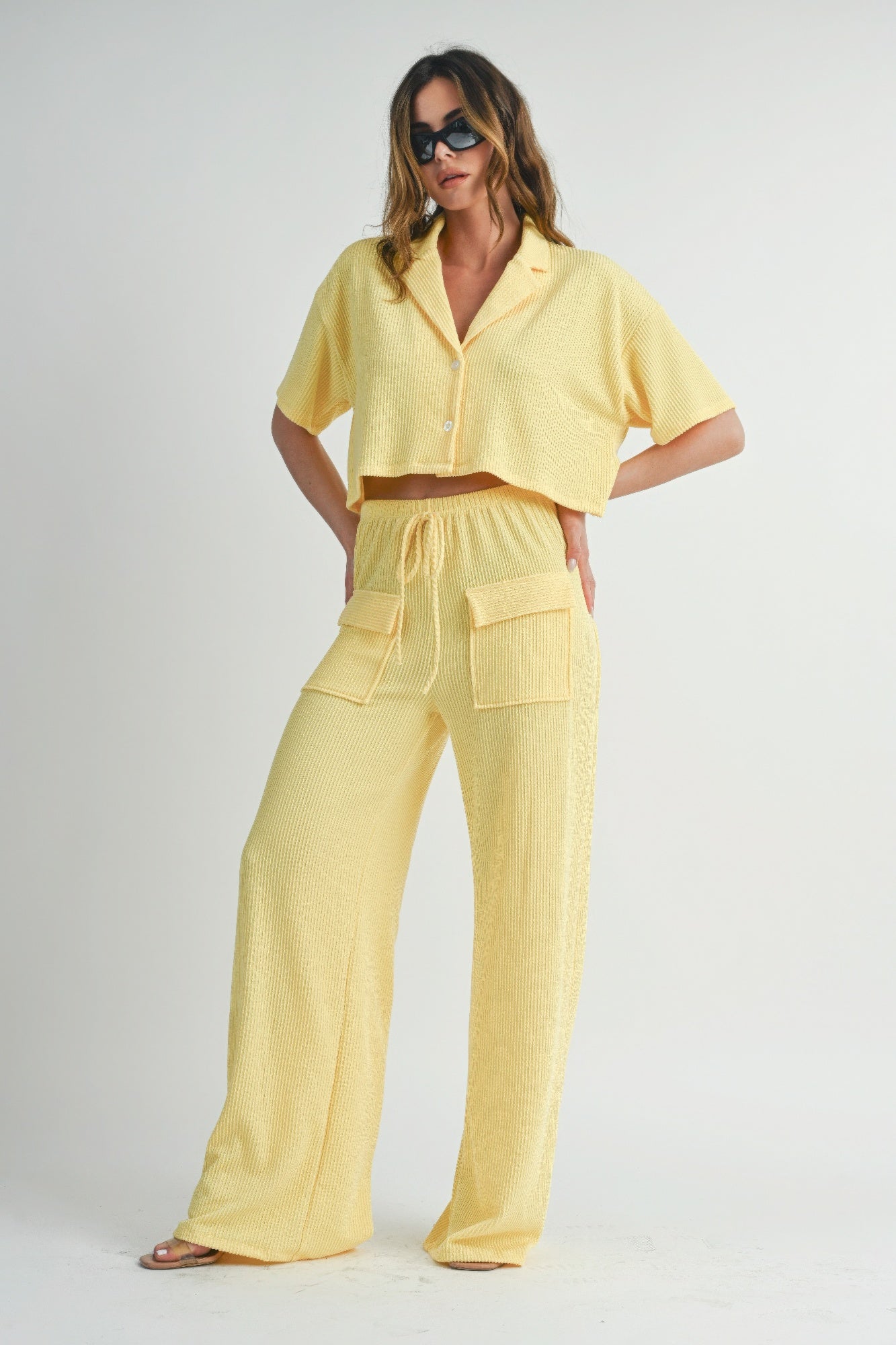 Lemon Loungewear Set - Button-Up Crop Top & Wide-Leg Pants Simmer & Fay   