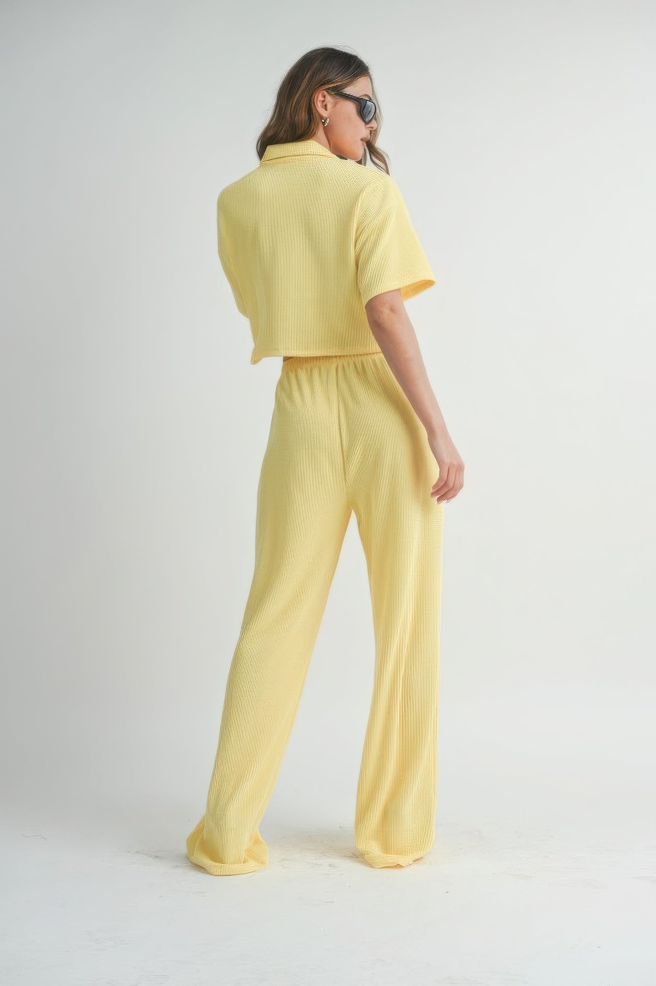 Lemon Loungewear Set - Button-Up Crop Top & Wide-Leg Pants Simmer & Fay   