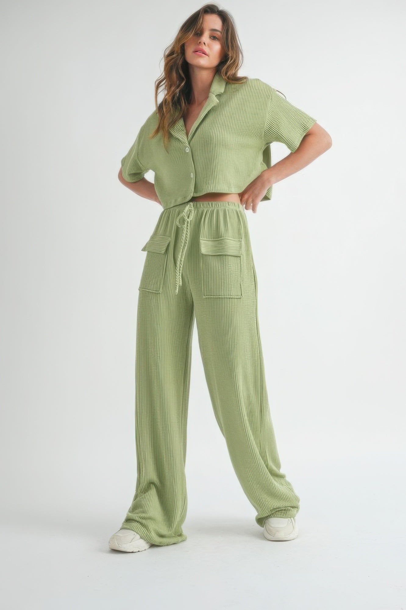 Sage Loungewear Set - Button-Up Crop Top & Wide-Leg Pants Simmer & Fay   