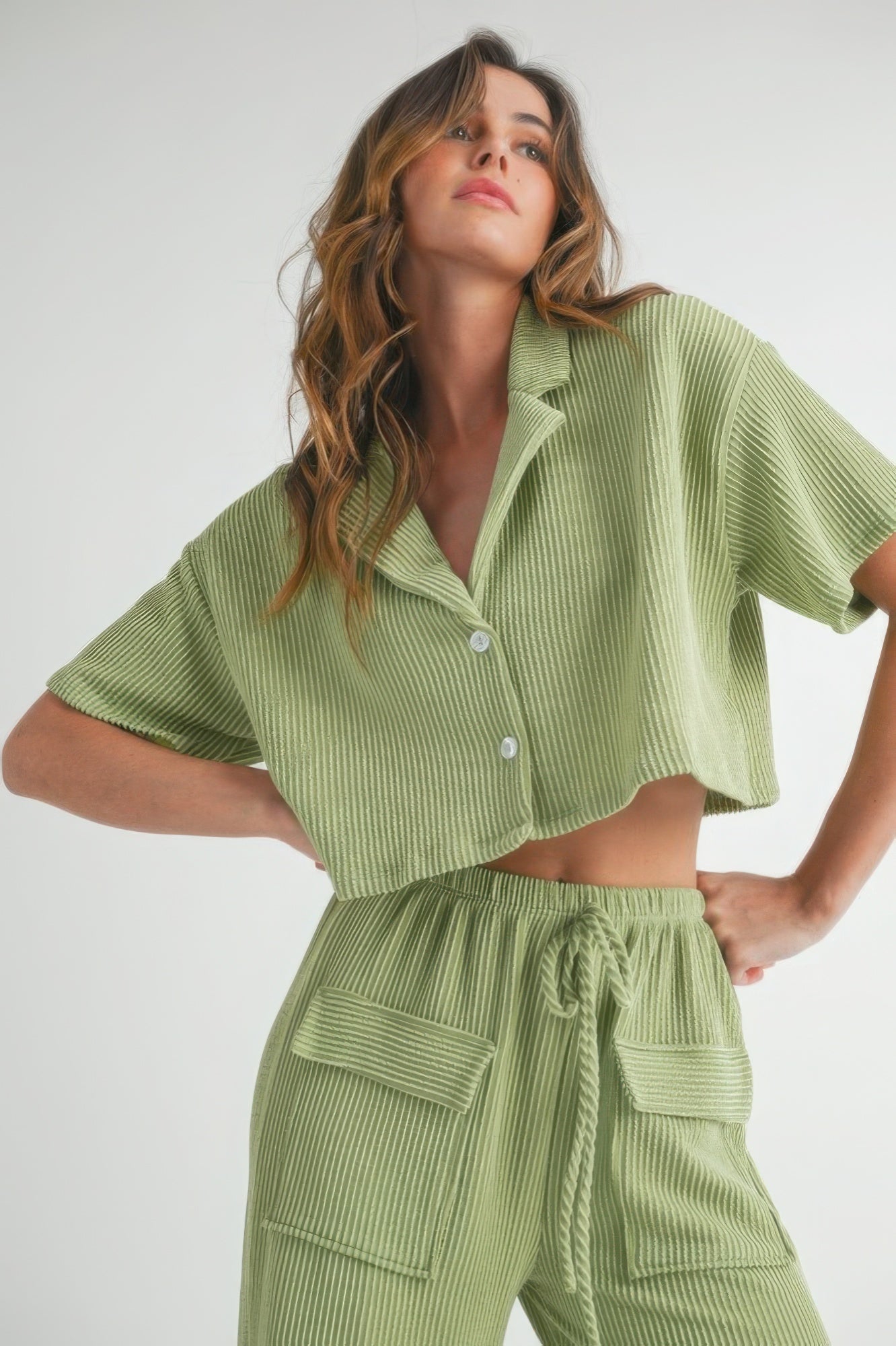 Sage Loungewear Set - Button-Up Crop Top & Wide-Leg Pants Simmer & Fay   