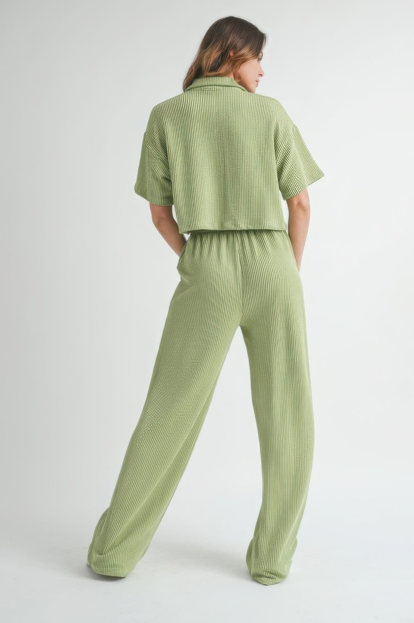 Sage Loungewear Set - Button-Up Crop Top & Wide-Leg Pants Simmer & Fay   