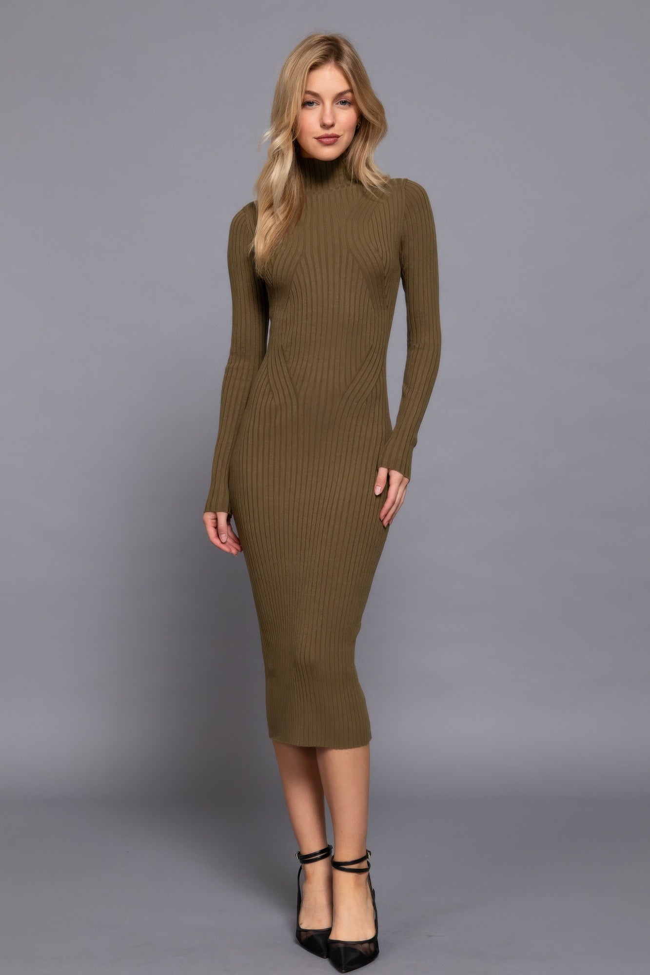 Long Sleeve High Neck Sweater Long Dress in Green Simmer & Fay   