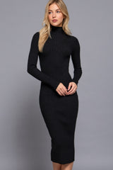 Long Sleeve High Neck Sweater Long Dress in Classic Black Simmer & Fay   