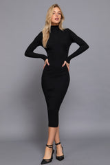 Long Sleeve High Neck Sweater Long Dress in Classic Black Simmer & Fay   