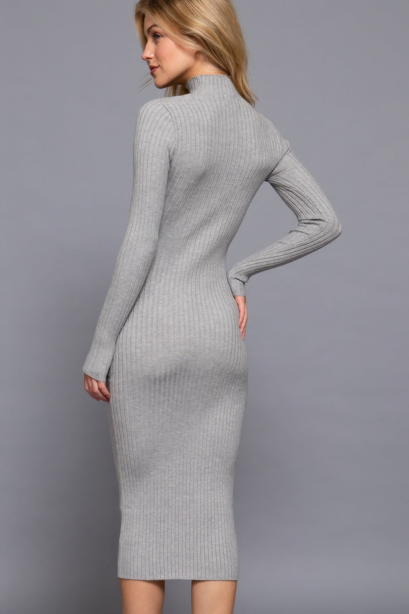 Long Sleeve High Neck Sweater Long Dress in Grey Simmer & Fay   