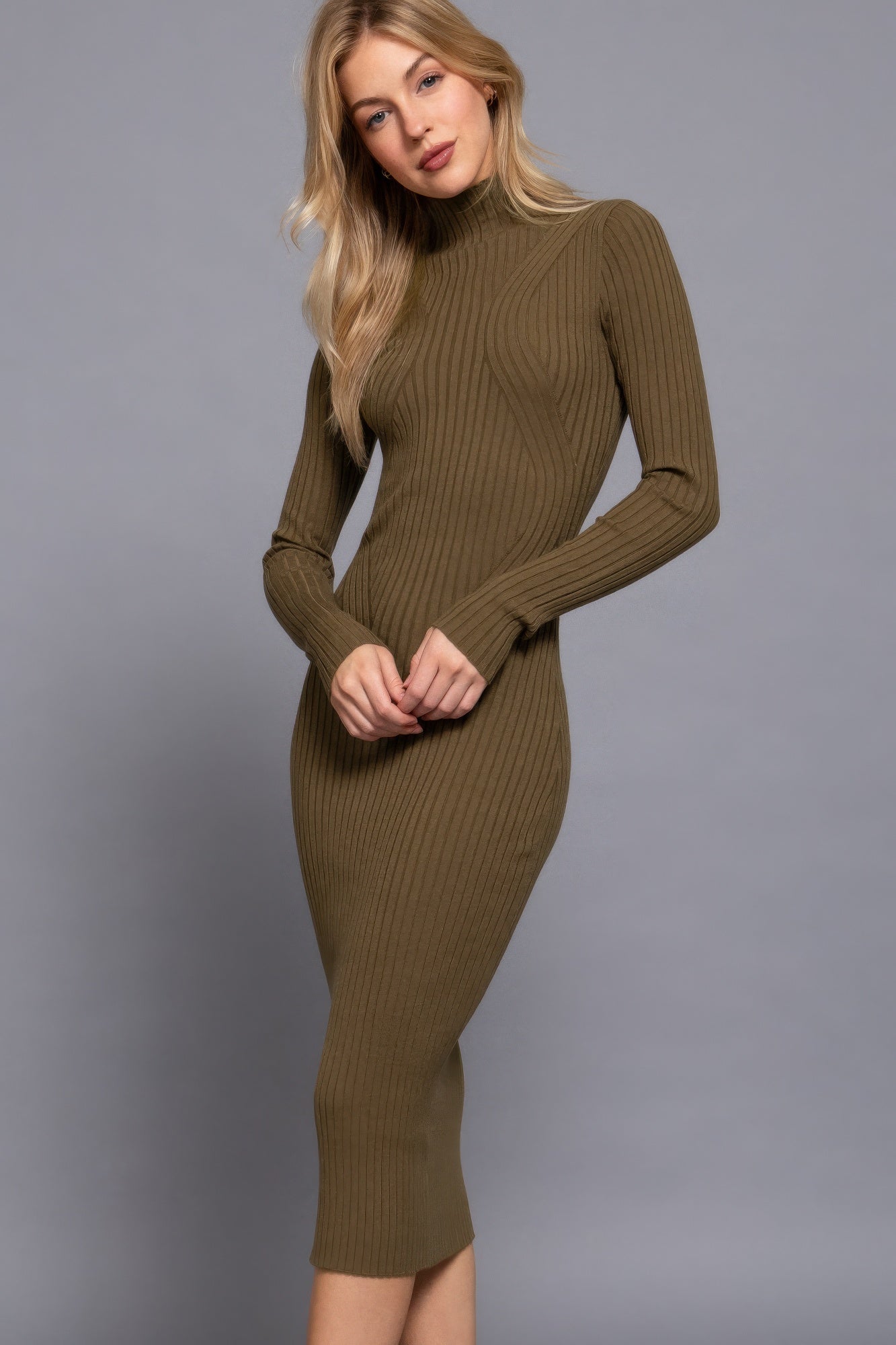 Long Sleeve High Neck Sweater Long Dress in Green Simmer & Fay   