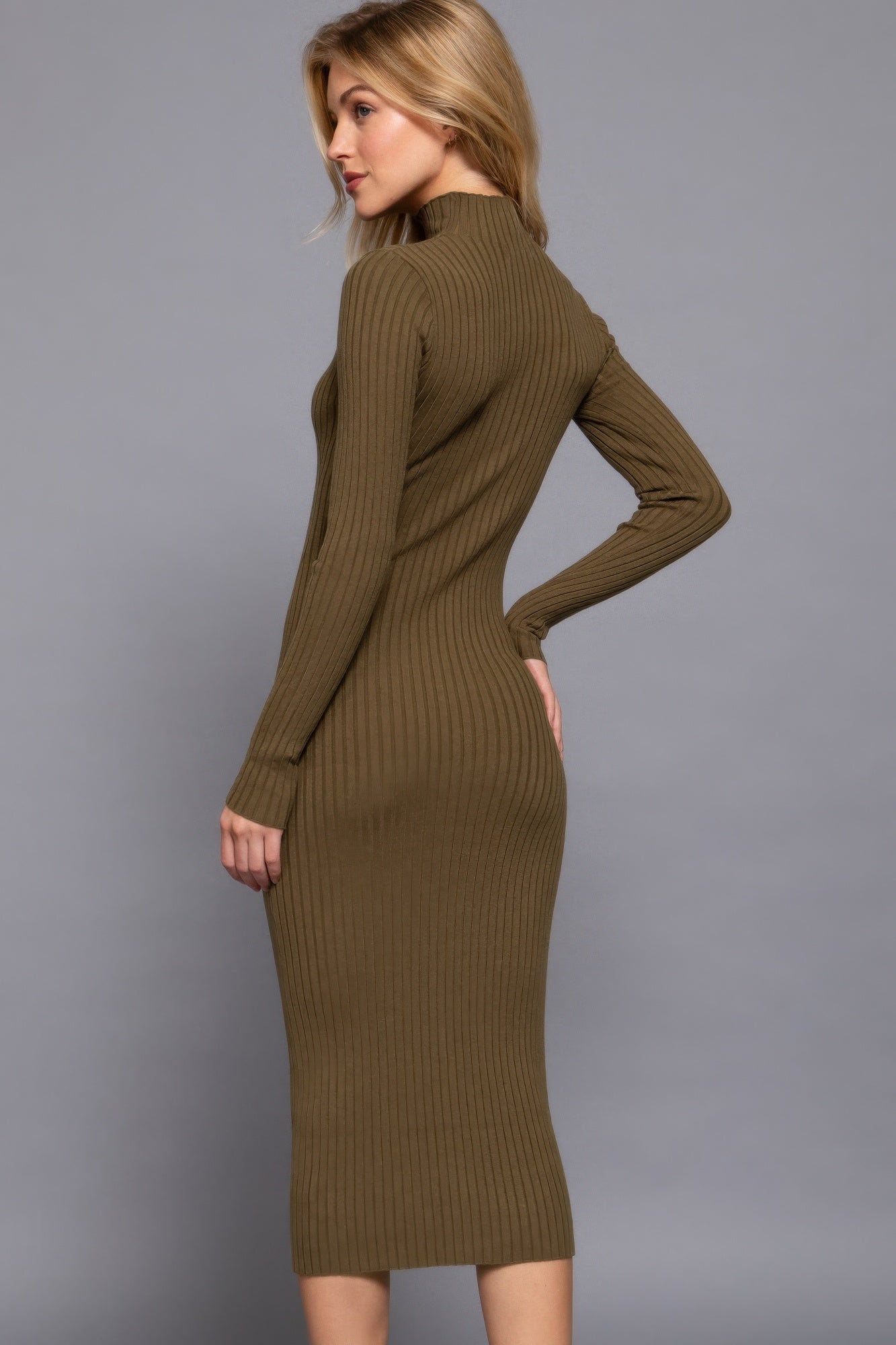 Long Sleeve High Neck Sweater Long Dress in Green Simmer & Fay   